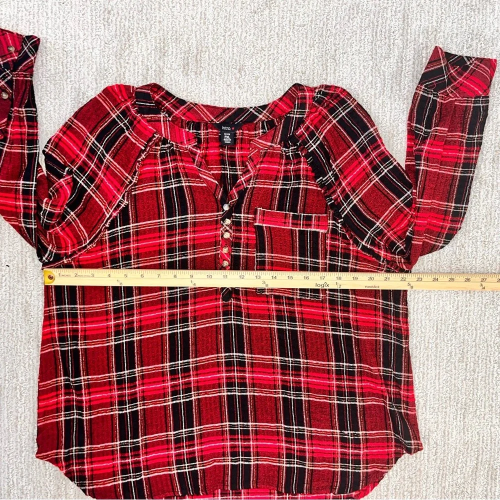 INTRO‎ Pucker Plaid Point Collar Long Sleeve Button Front Swing Women’s Blouse